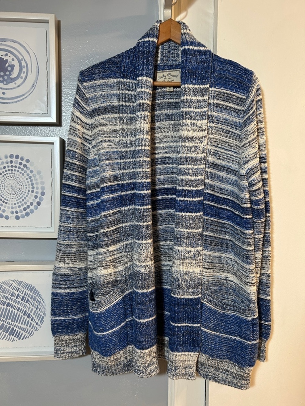 Lucky Brand Blue White Striped Knit Open-Front Cardigan Sweater Size M